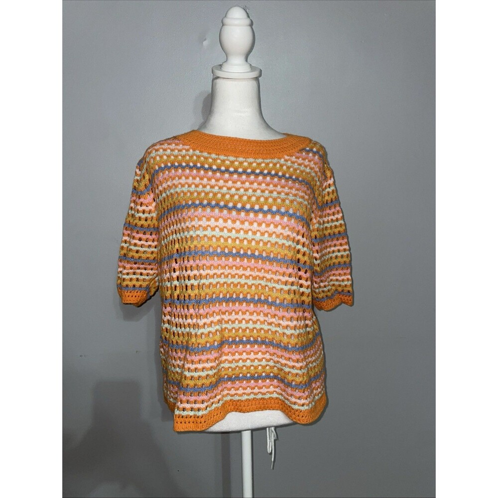 ANGASHION Crochet Sweater Size L Orange Striped Short Sleeve